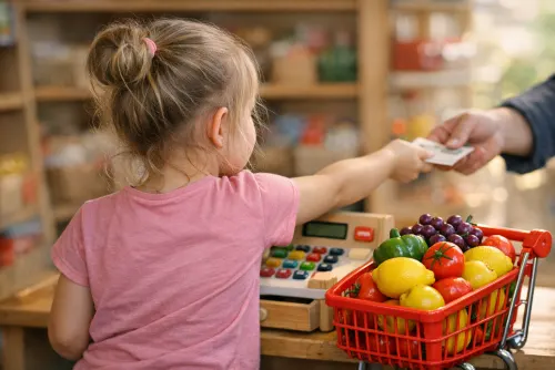 Kind bekommt an einer Kasse Geld in die Hand gereicht